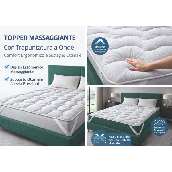Topper Materasso Matrimoniale Trapuntato Massaggiante 300gr Fasce Elastiche 360° Design Onde Ergonomiche Made in Italy