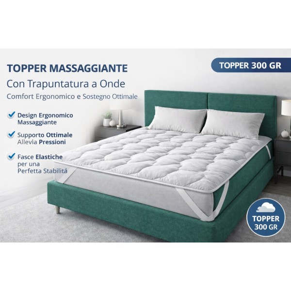 Topper Materasso Singolo Trapuntato Massaggiante 300gr con Fasce Elastiche 360° Anallergico Made in Italy