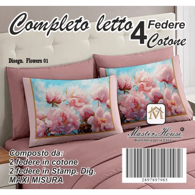 Completo Letto Matrimoniale dis. Flowers 01 - 100% Cotone con Angoli a Molla e Federe Digitali Omaggio