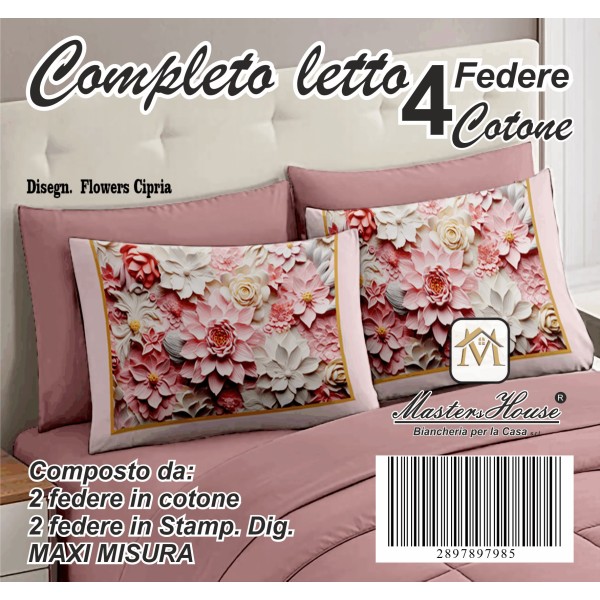 Completo Letto Matrimoniale dis. Flowers Cipria - 100% Cotone con Angoli a Molla e Federe Digitali Omaggio