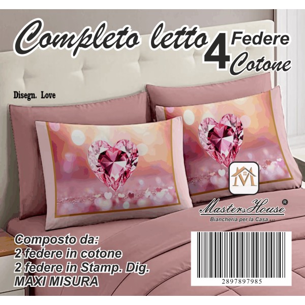 Completo Letto Matrimoniale dis. Love - 100% Cotone con Angoli a Molla e Federe Digitali Omaggio