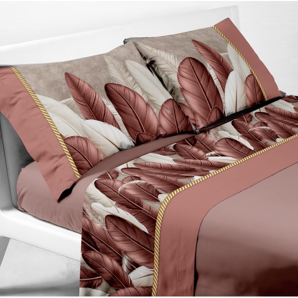 Completo Lenzuola Tropical Piume Balza Raso Cordoncino Oro - Stampa Digitale Poliestere Vari Colori