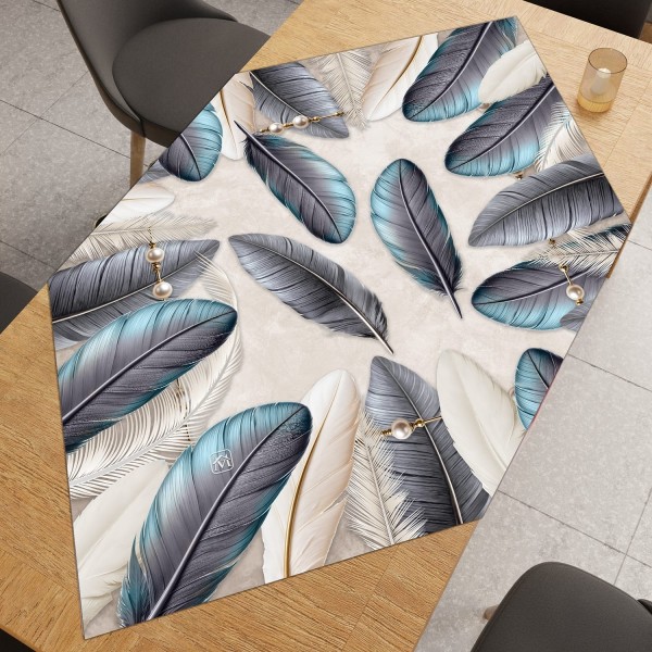 Centrotavola Quadrato 90x90 cm Stampa Piume con Perle – 100% Poliestere Linea Tropical