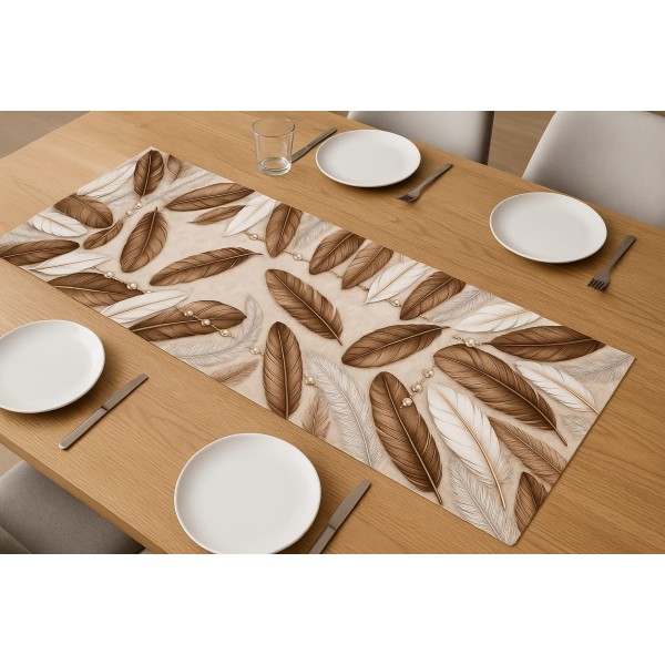 Runner Tavolo 140X 50CM Tropical Piume e Perle - Passatoia Tavola Stampa Digitale Poliestere Antimacchia Vari Colori e Misure