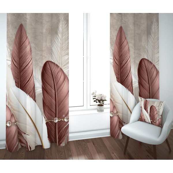 Coppia Tende Stampa Piume Tropicali con Perle – Pannelli 140x290 cm in 100% Poliestere Linea Tropical