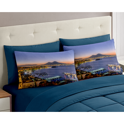 Set Completo Letto Matrimoniale dis. Golfo Napoli - 100% Cotone con Angoli a Molla e Federe Digitali Omaggio