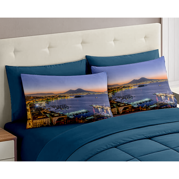 Set Completo Letto Matrimoniale dis. Golfo Napoli - 100% Cotone con Angoli a Molla e Federe Digitali Omaggio