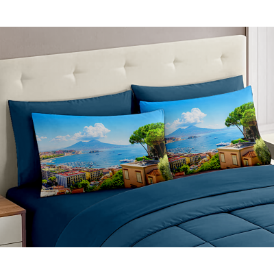 Set Completo Letto Matrimoniale dis. Golfo Napoli - 100% Cotone con Angoli a Molla e Federe Digitali Omaggio