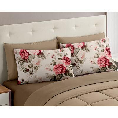 Completo Letto Matrimoniale dis. Rose - 100% Cotone con Angoli a Molla e Federe Digitali Omaggio