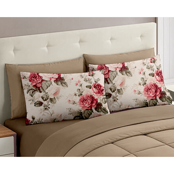 Completo Letto Matrimoniale dis. Rose - 100% Cotone con Angoli a Molla e Federe Digitali Omaggio