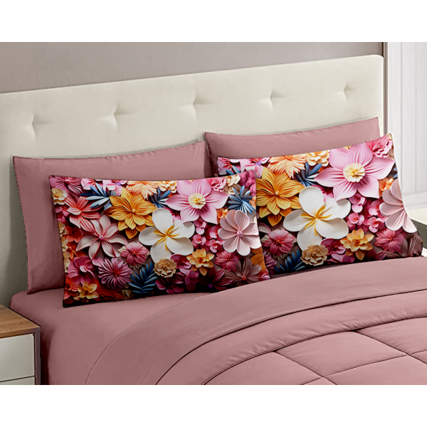 Completo Letto Matrimoniale dis. Flower 02 - 100% Cotone con Angoli a Molla e Federe Digitali Omaggio
