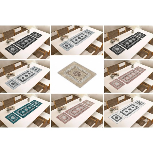 Set Tris da Tavola Stampa Digitale Pizzo Beige Tortora - Runner e 2 Tovagliette Made in Italy Tessuto Fiammetta Poliestere