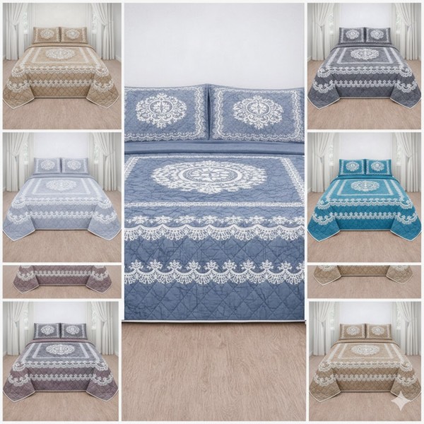 Trapuntino Matrimoniale con Stampa Digitale Effetto Pizzo e Federe | Tessuto Fiammetta 100% Poliestere | Made in Italy | Reprodè