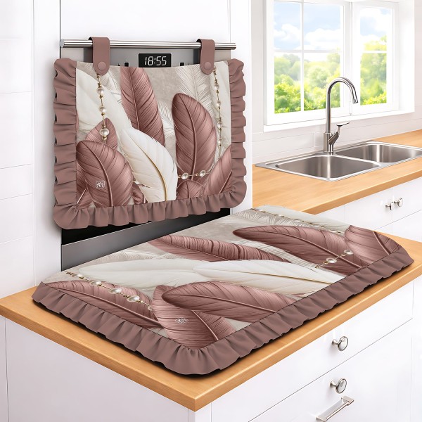 Set Cucina Copriforno e Coprifornelli Rosa Piume Tropicali e Gocce Perle - Microfibra Anallergica Stampa 4K Made in Italy