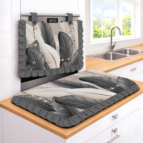 Set Cucina Copriforno e Coprifornelli Nero Piume Tropicali e Gocce Perle - Microfibra Anallergica Stampa 4K Made in Italy