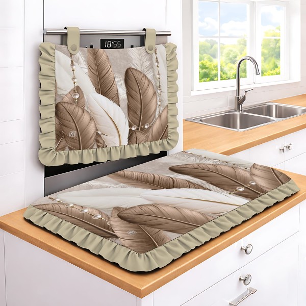 Set Cucina Copriforno e Coprifornelli Beige Piume Tropicali e Gocce Perle - Microfibra Anallergica Stampa 4K Made in Italy