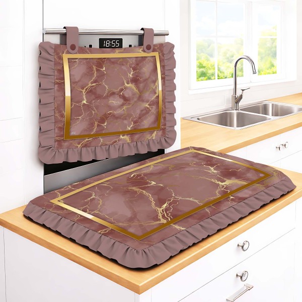 Set Cucina Copriforno e Coprifornelli Rosa Effetto Marmo con Cornice Oro - Microfibra Anallergica Stampa 4K Made in Italy
