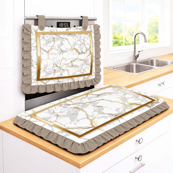 Set Cucina Copriforno e Coprifornelli Bianco Effetto Marmo con Cornice Oro - Microfibra Anallergica Stampa 4K Made in Italy