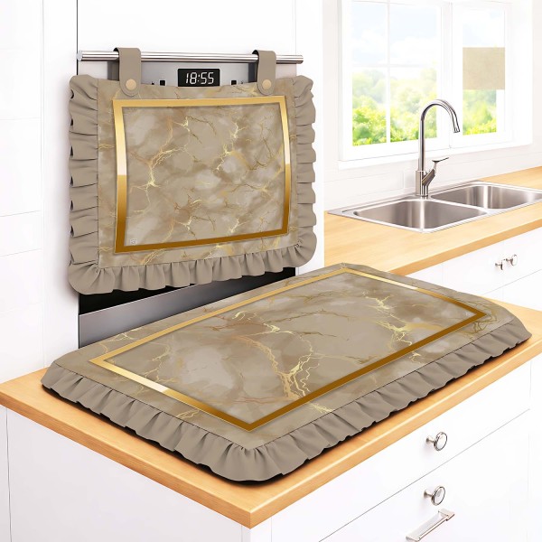 Set Cucina Copriforno e Coprifornelli Beige Effetto Marmo con Cornice Oro - Microfibra Anallergica Stampa 4K Made in Italy