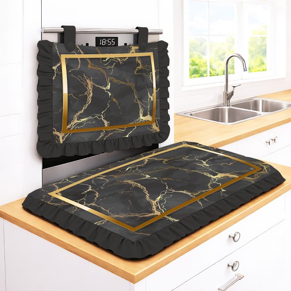 Set Cucina Copriforno e Coprifornelli Nero Effetto Marmo con Cornice Oro - Microfibra Anallergica Stampa 4K Made in Italy