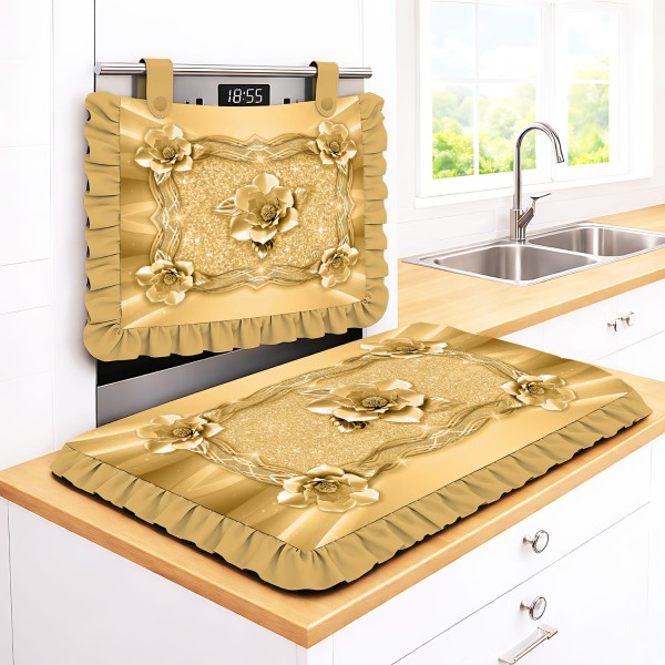 Set Cucina Copriforno e Coprifornelli Oro Fiori Effetto Metallo con Balze - Microfibra Anallergica Stampa 4K Made in Italy