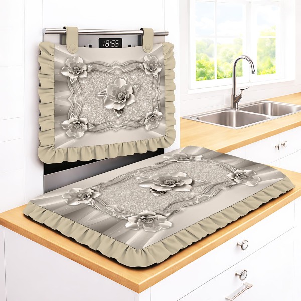 Set Cucina Copriforno e Coprifornelli Beige Fiori Effetto Metallo con Balze - Microfibra Anallergica Stampa 4K Made in Italy