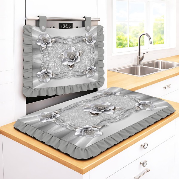 Set Cucina Copriforno e Coprifornelli Grigio Fiori Effetto Metallo con Balze - Microfibra Anallergica Stampa 4K Made in Italy