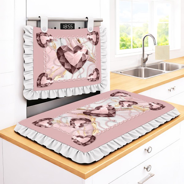 Set Cucina Copriforno e Coprifornelli Rosa Diamante con Stampa Cuori Gioiello e Balze - Microfibra Anallergica Made in Italy