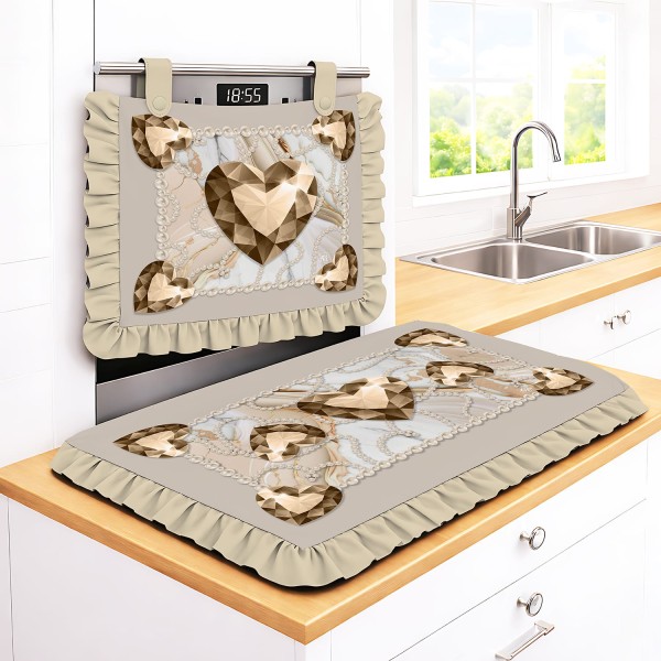Set Cucina Copriforno e Coprifornelli Beige Diamante con Stampa Cuori Gioiello e Balze - Microfibra Anallergica Made in Italy