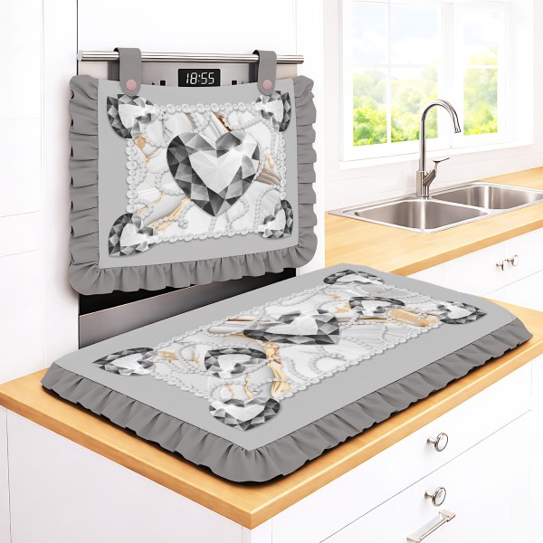 Set Cucina Copriforno e Coprifornelli Grigio Diamante con Stampa Cuori Gioiello e Balze - Microfibra Anallergica Made in Italy