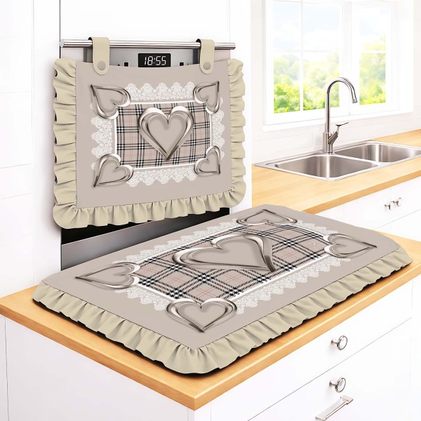 Set Cucina Copriforno e Coprifornelli Beige Cuori Metallici e Fantasia Tartan con Balze - Microfibra Anallergica Made in Italy