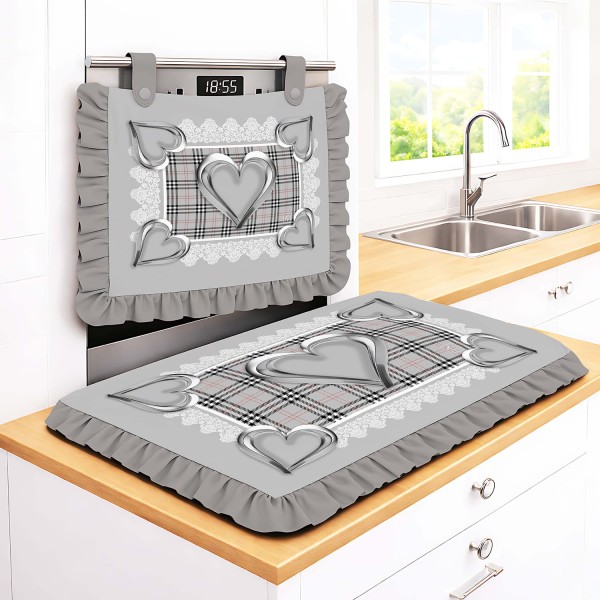 Set Cucina Copriforno e Coprifornelli Grigio Cuori Metallici e Fantasia Tartan con Balze - Microfibra Anallergica Made in Italy