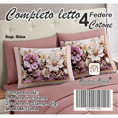 Completo Letto Matrimoniale dis. Melissa - 100% Cotone con Angoli a Molla e Federe Digitali Omaggio