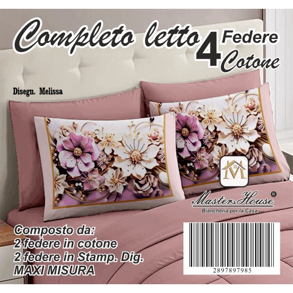 Completo Letto Matrimoniale dis. Melissa - 100% Cotone con Angoli a Molla e Federe Digitali Omaggio