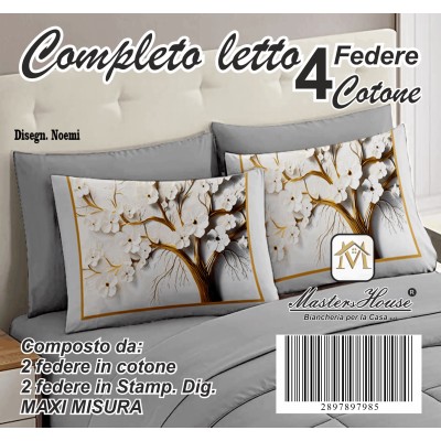 Completo Letto Matrimoniale dis. Noemi - 100% Cotone con Angoli a Molla e Federe Digitali Omaggio