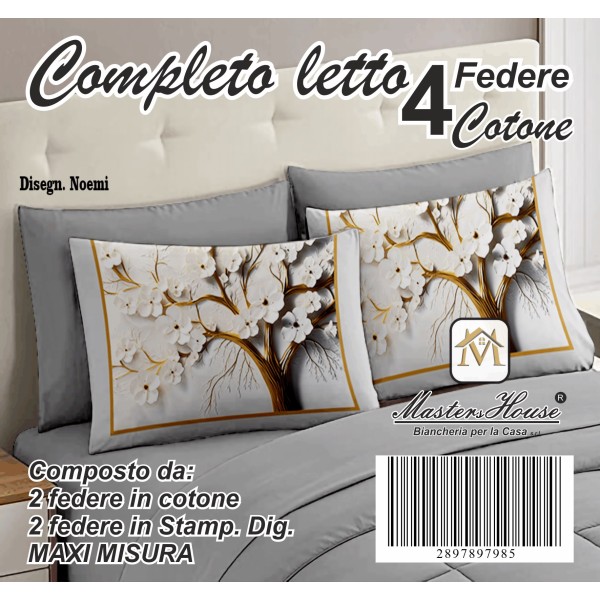 Completo Letto Matrimoniale dis. Noemi - 100% Cotone con Angoli a Molla e Federe Digitali Omaggio