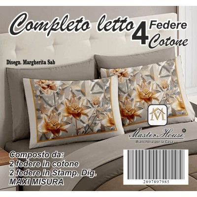 Completo Letto Matrimoniale dis. Margherita - 100% Cotone con Angoli a Molla e Federe Digitali Omaggio