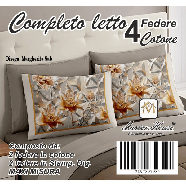 Completo Letto Matrimoniale dis. Margherita - 100% Cotone con Angoli a Molla e Federe Digitali Omaggio