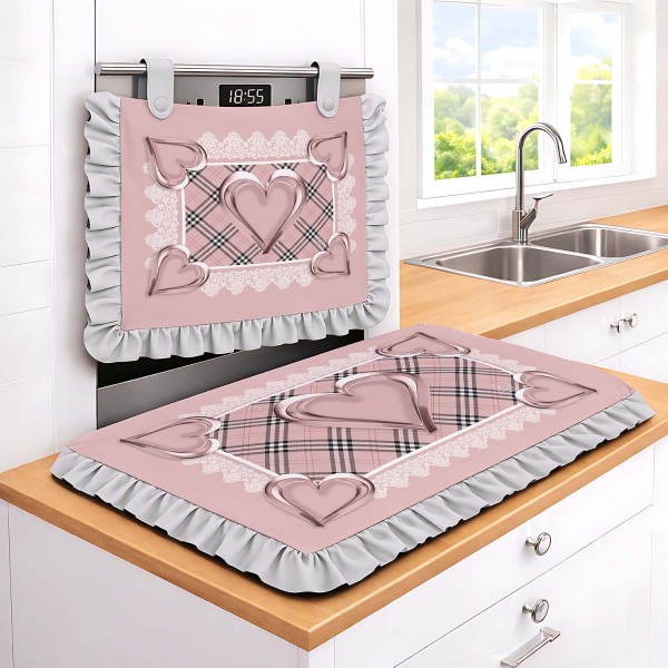 Set Copriforno e Copri Fornello Linea Cuore con Balza – 100% Poliestere – Beige, Grigio o Rosa – Country Chic