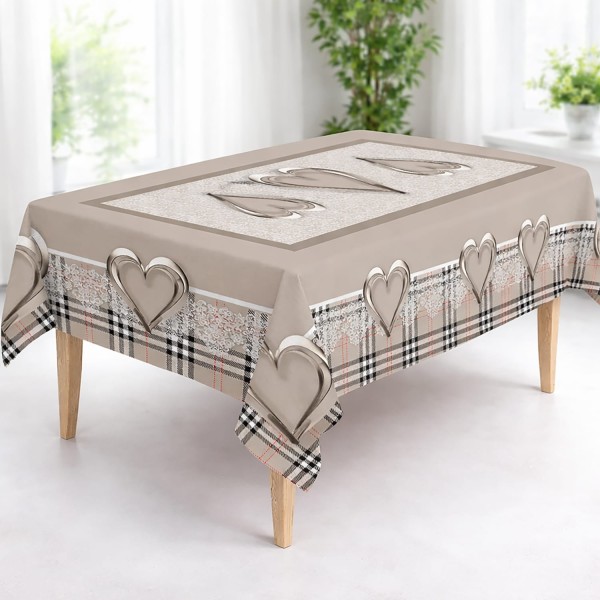 Tovaglia 12 Posti 240x145 cm Linea Cuore con Stampa Cuore 3D e Pizzo – 100% Poliestere – Beige, Grigio o Rosa