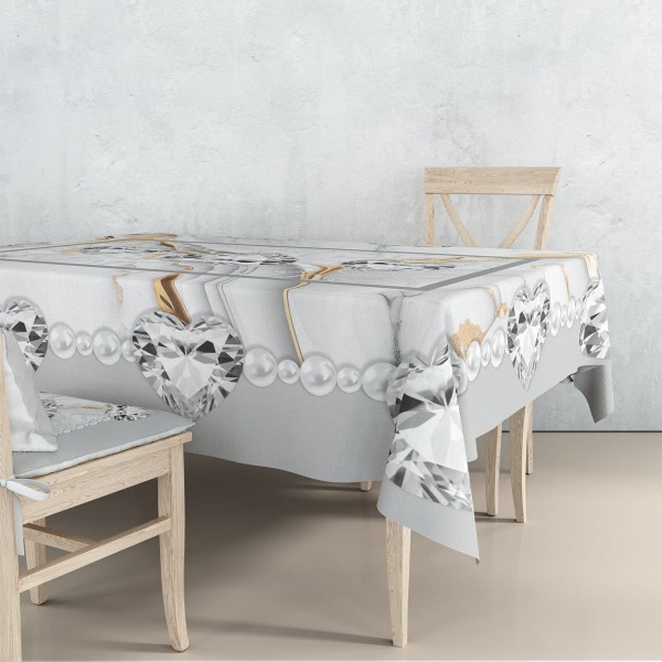 Tovaglia 6 Posti180x145 cm Linea Diamante Stampa Cuori Gioiello e Marmo – 100% Poliestere – 4 Colori