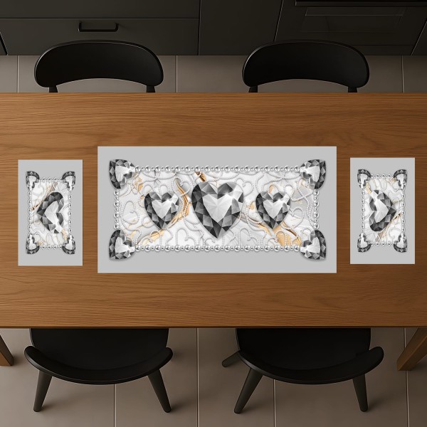 Tris da Tavola Linea Diamante Runner e 2 Tovagliette Cuori Gioiello – 100% Poliestere – 4 Colori