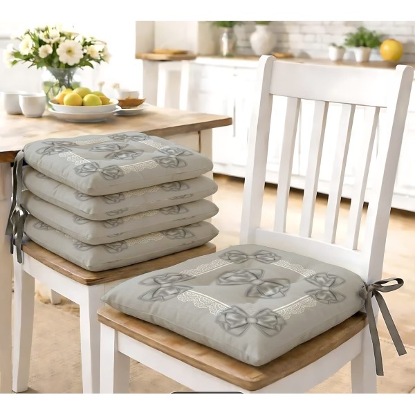Set 6 Cuscini Sedia con Laccio 40x40 Linea Fiocco Stampa Fiocchi 3D – 100% Poliestere – Beige, Grigio o Rosa