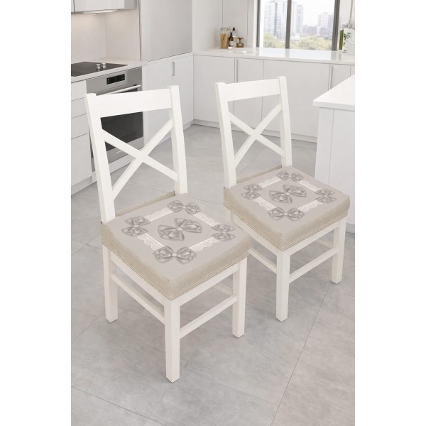 Coppia Cuscini per Sedia con Elastico Linea Fiocco con Decori a Pizzo – 100% Poliestere, 3 Colorazioni