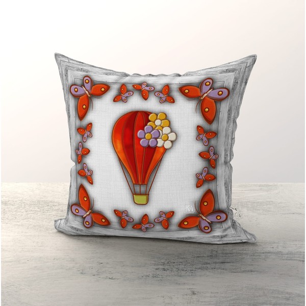 Coppia Cuscini Decorativi 42x42 cm Stampa Mongolfiera con Farfalle – 100% Poliestere Linea Mongolfiera