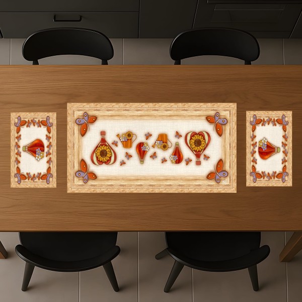 Set Tavola Tris Stampa Mongolfiera con Girasoli e Farfalle – Runner e Tovagliette in 100% Poliestere