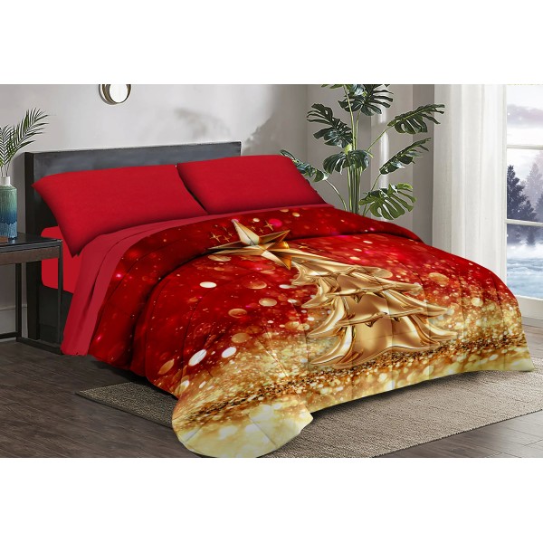 Trapunta Natalizia Matrimoniale – Albero Natalizio Dorato –  Stile e Comfort per le Feste