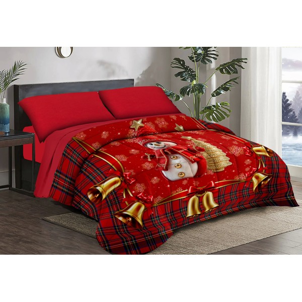 Trapunta Natalizia Matrimoniale – Pupazzo con Albero Dorato   –  Stile e Comfort per le Feste