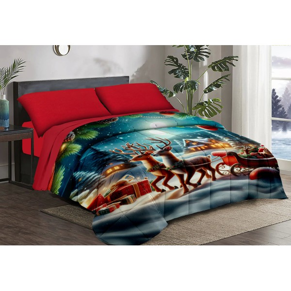 Trapunta Natalizia Matrimoniale – Renne con Slitta e Babbo Natale  –  Stile e Comfort per le Feste