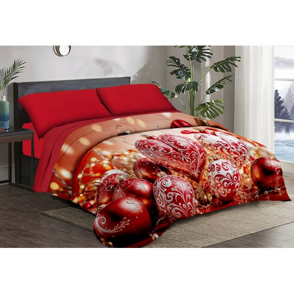 Trapunta Natalizia Matrimoniale – Palle Natalizie a Forma di Cuore –  Stile e Comfort per le Feste